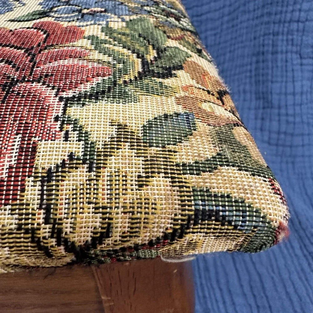 Vintage Wooden Tapestry Footstool Floral Upholstered Cushion Storage Bin Cottage